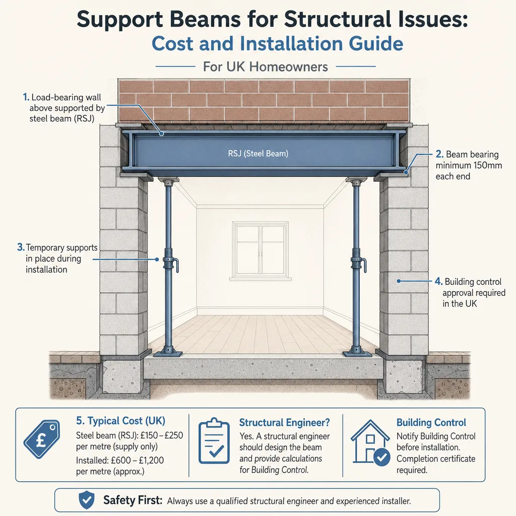 Diagram illustrating: Support Beams for Structural Issues: Cost and Installation Guide