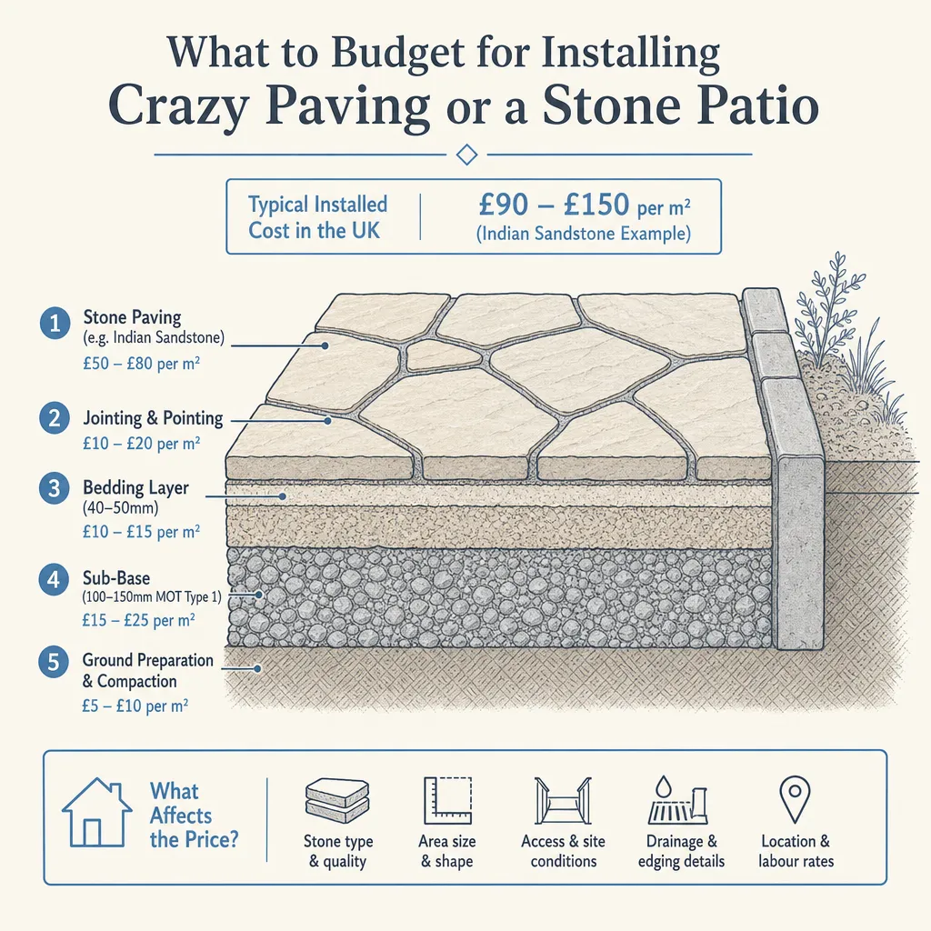Diagram illustrating: What to Budget for Installing Crazy Paving or a Stone Patio