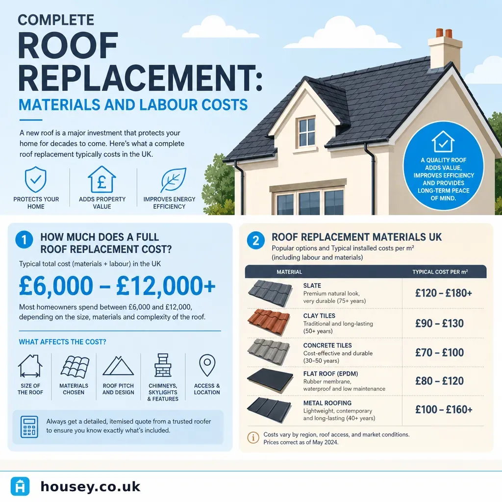 Infographic illustrating: Complete Roof Replacement: Materials and Labour Costs