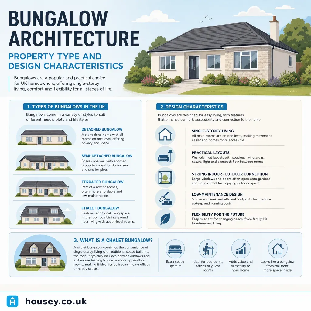 Infographic illustrating: Bungalow Architecture: Property Type and Design Characteristics