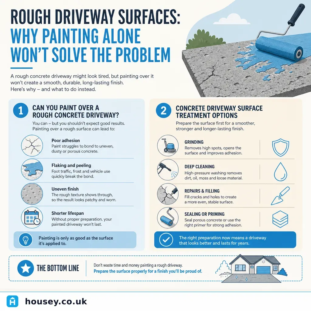 Infographic illustrating: Rough Driveway Surfaces: Why Painting Alone Won't Solve the Problem