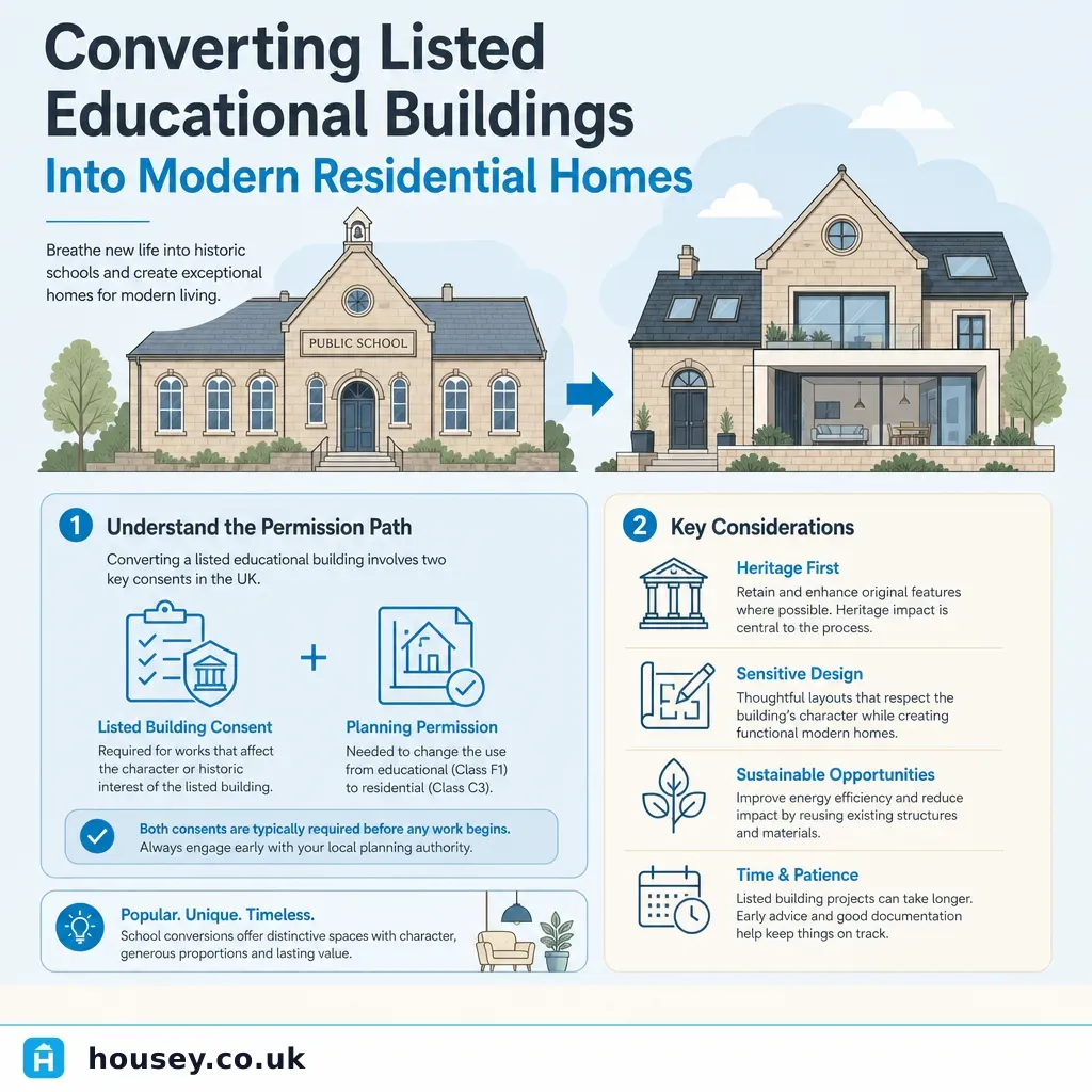 Infographic illustrating: Converting Listed Educational Buildings Into Modern Residential Homes