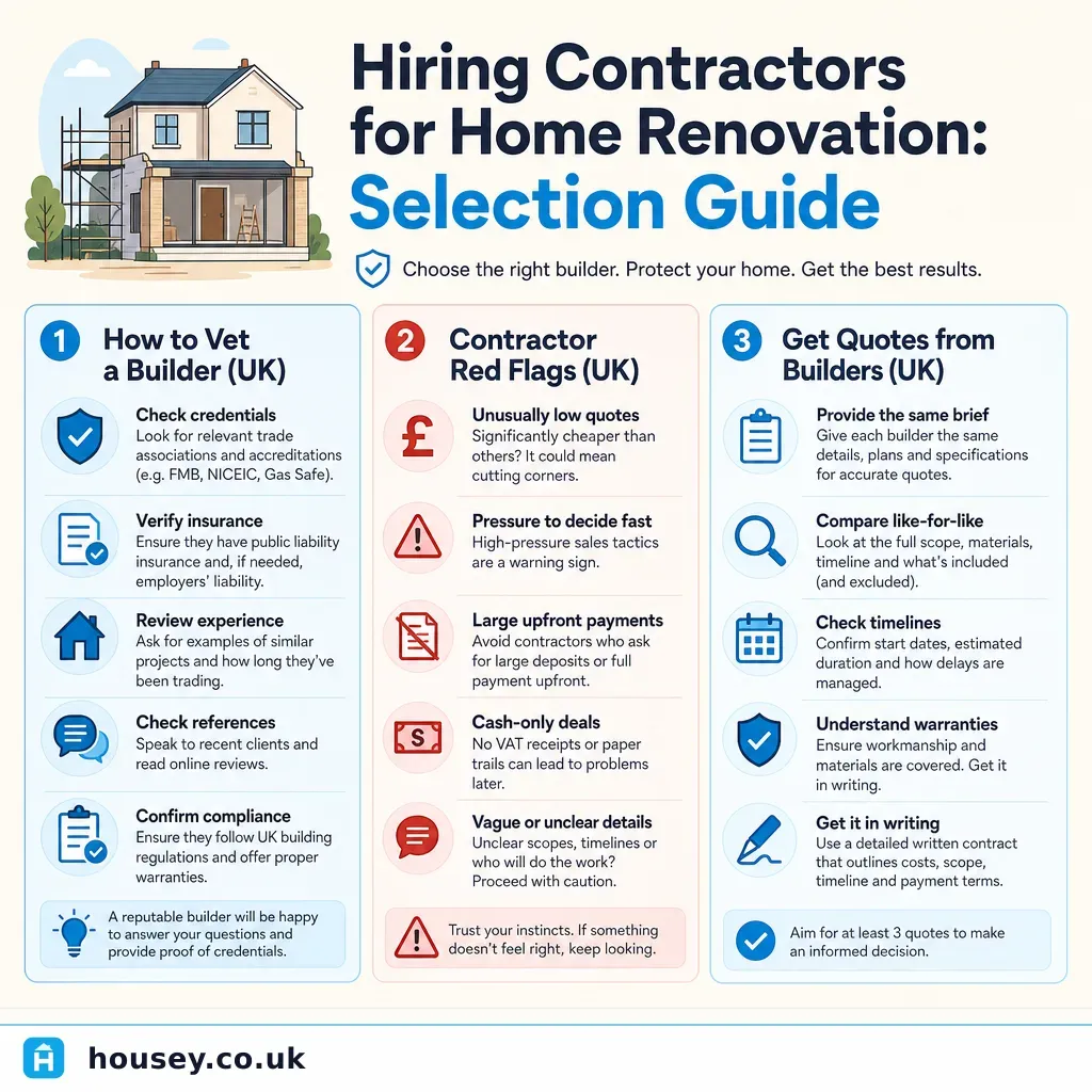 Infographic illustrating: Hiring Contractors for Home Renovation: Selection Guide