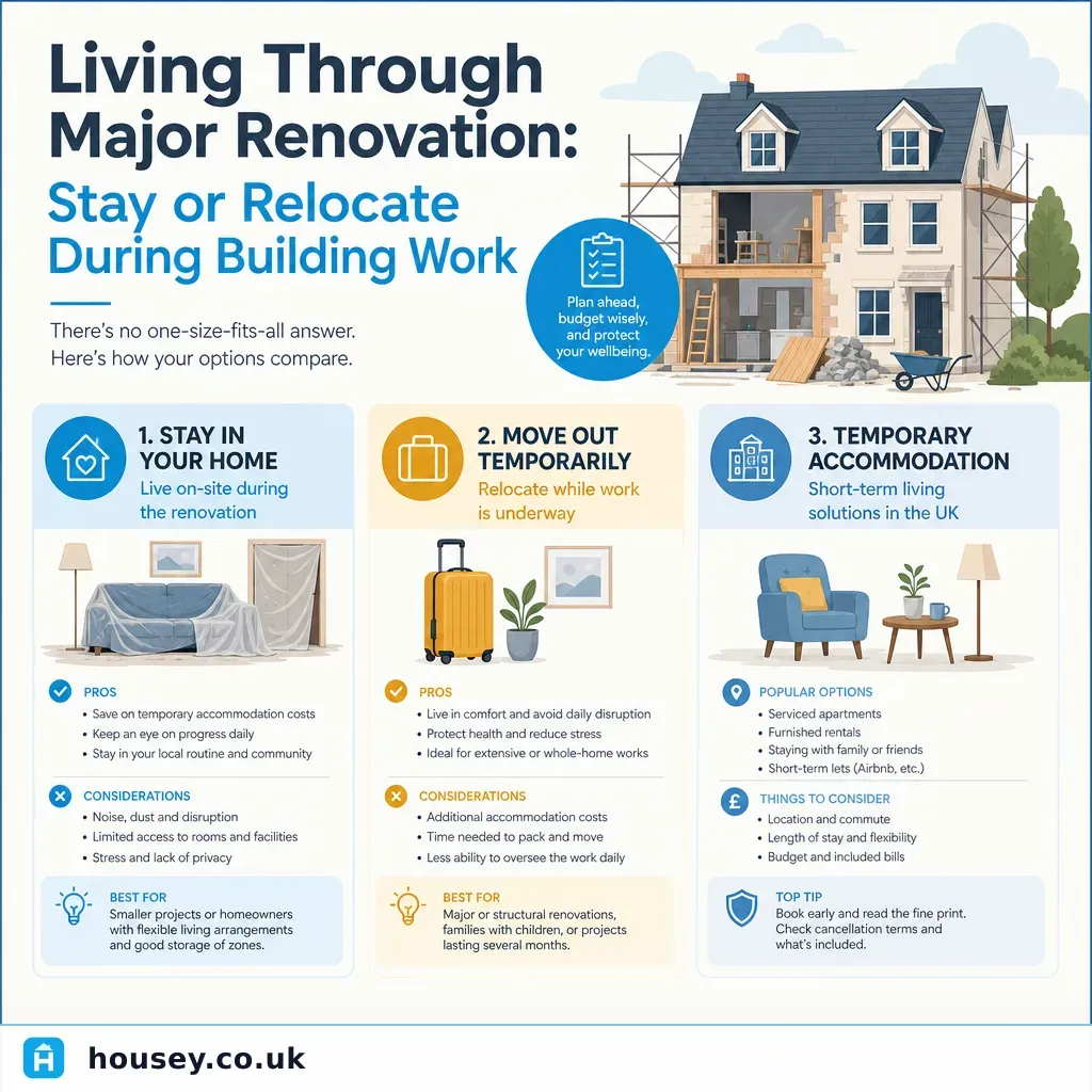 Infographic illustrating: Living Through Major Renovation: Stay or Relocate During Building Work