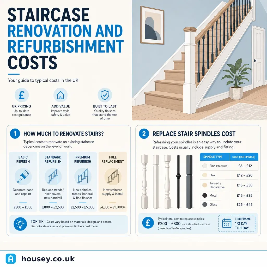 Infographic illustrating: Staircase Renovation and Refurbishment Costs