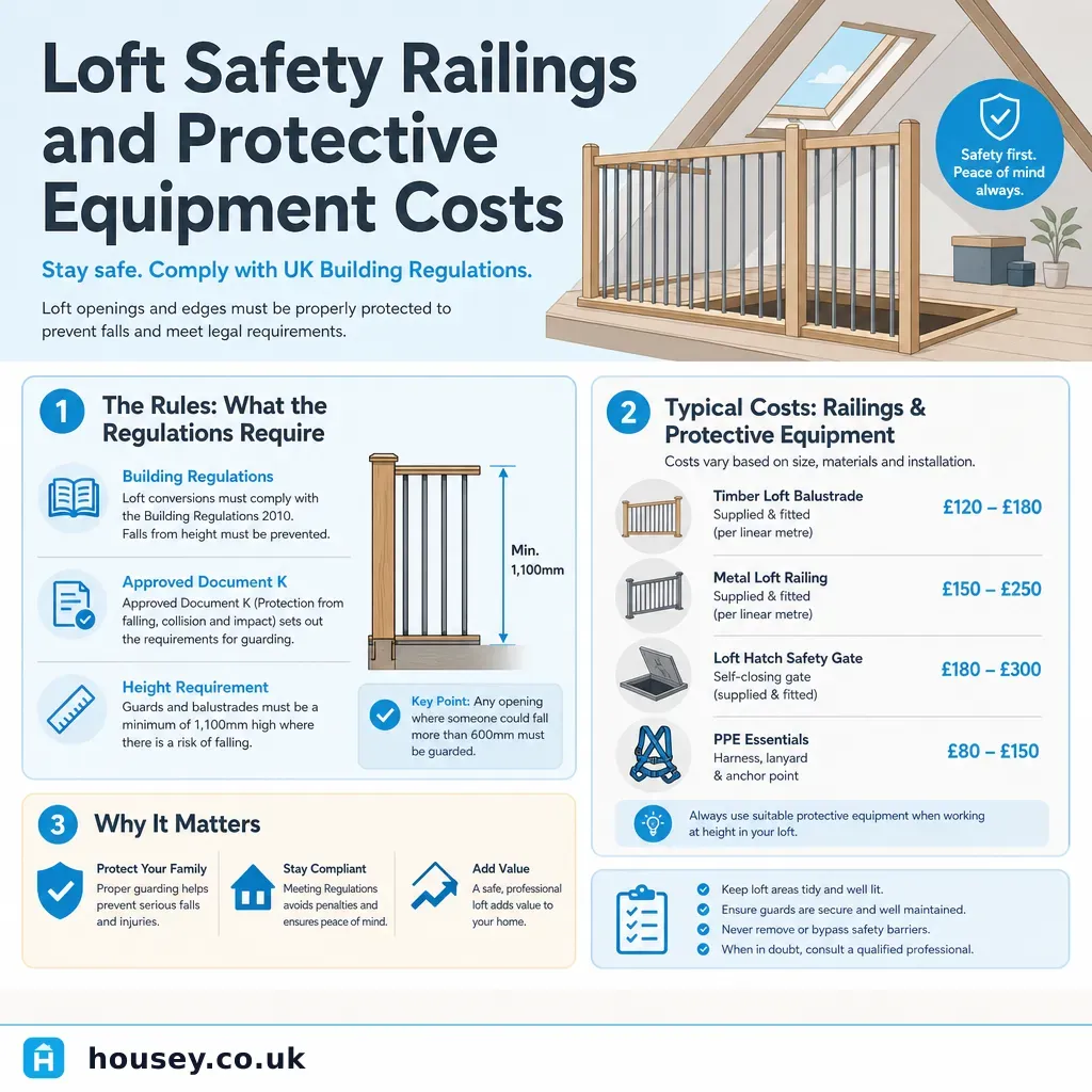 Infographic illustrating: Loft Safety Railings and Protective Equipment Costs