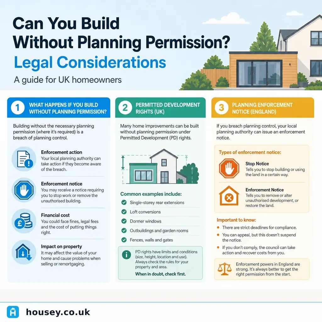 Infographic illustrating: Can You Build Without Planning Permission? Legal Considerations