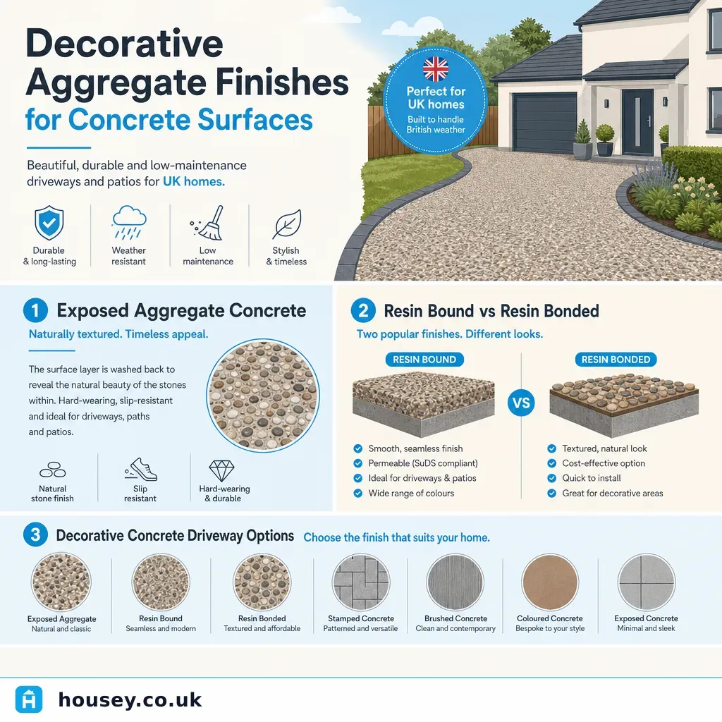 Infographic illustrating: Decorative Aggregate Finishes for Concrete Surfaces