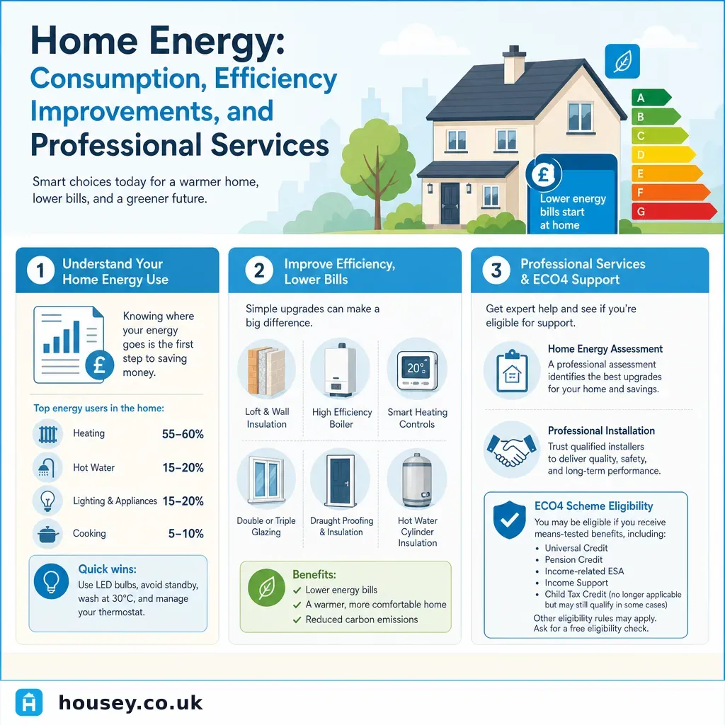 Infographic illustrating: Home Energy: Consumption, Efficiency Improvements, and Professional Services