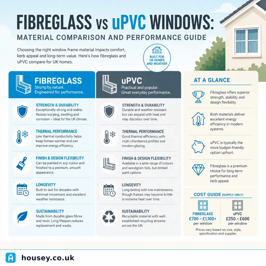 Infographic illustrating: Fibreglass vs uPVC Windows: Material Comparison and Performance Guide