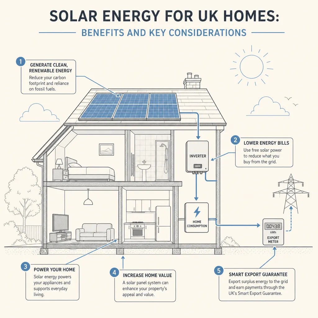 Diagram illustrating: Solar Energy for UK Homes: Benefits and Key Considerations