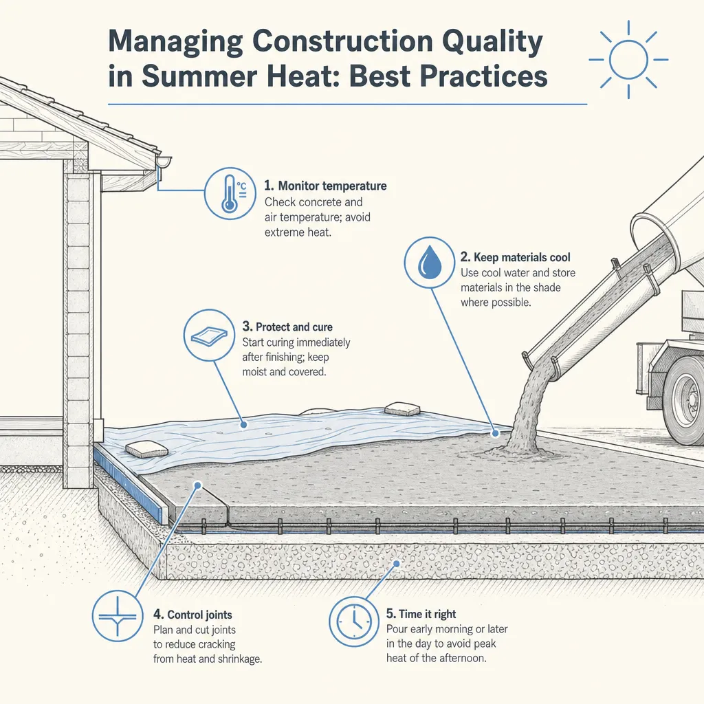 Diagram illustrating: Managing Construction Quality in Summer Heat: Best Practices