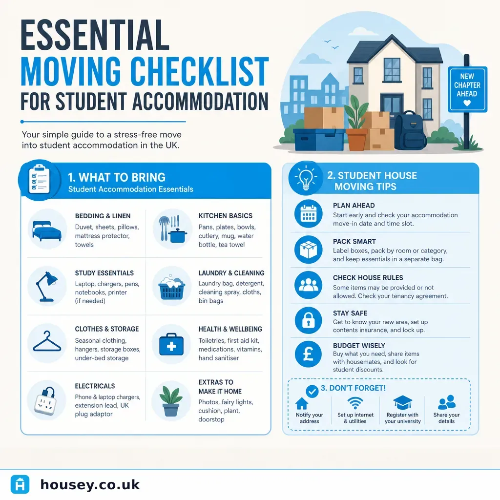 Infographic illustrating: Essential Moving Checklist for Student Accommodation