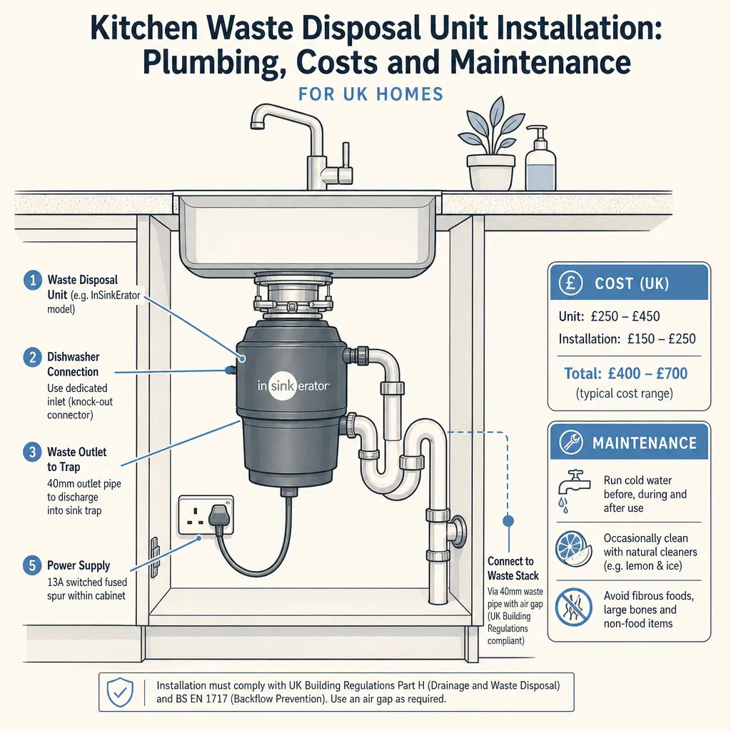 Diagram illustrating: Kitchen Waste Disposal Unit Installation: Plumbing, Costs and Maintenance