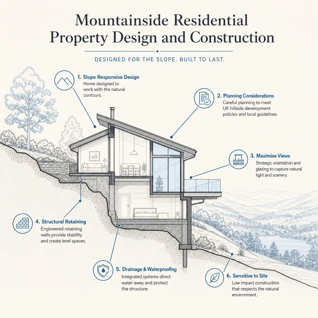 Diagram illustrating: Mountainside Residential Property Design and Construction