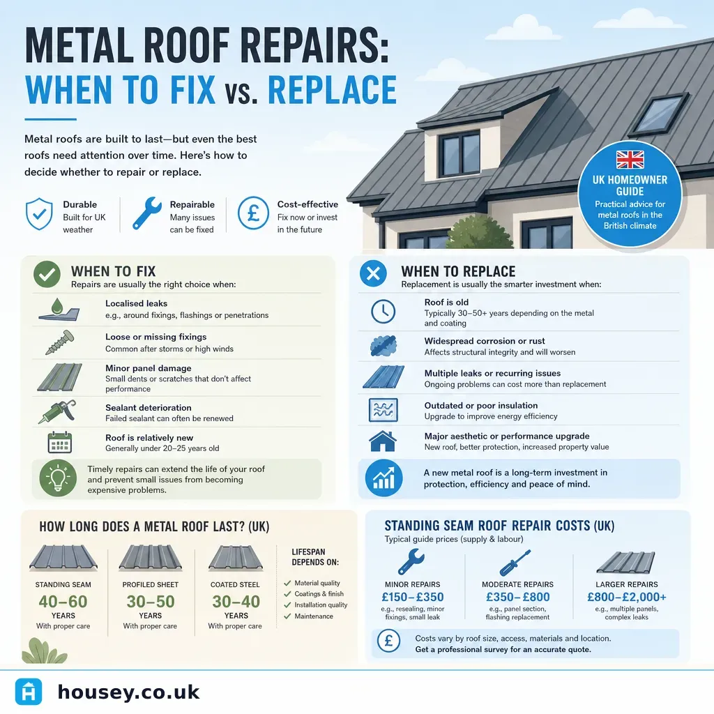 Infographic illustrating: Metal Roof Repairs: When to Fix vs. Replace
