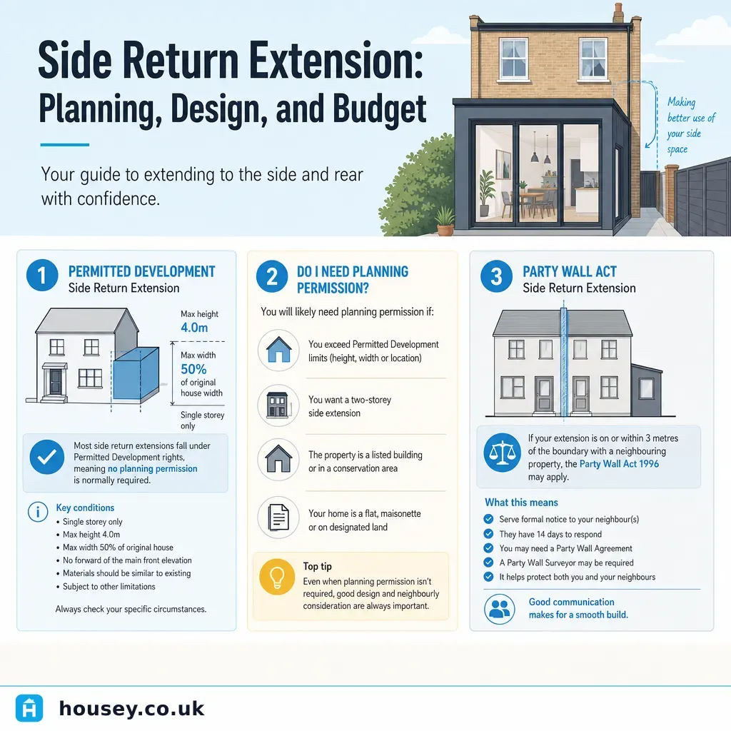 Infographic illustrating: Side Return Extension: Planning, Design, and Budget