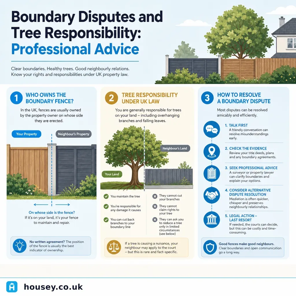 Infographic illustrating: Boundary Disputes and Tree Responsibility: Professional Advice