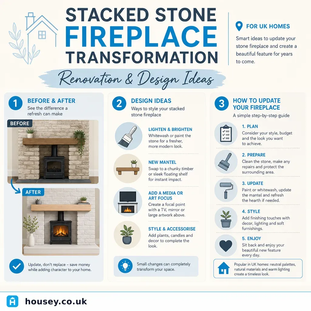 Infographic illustrating: Stacked stone fireplace transformation: renovation and design ideas