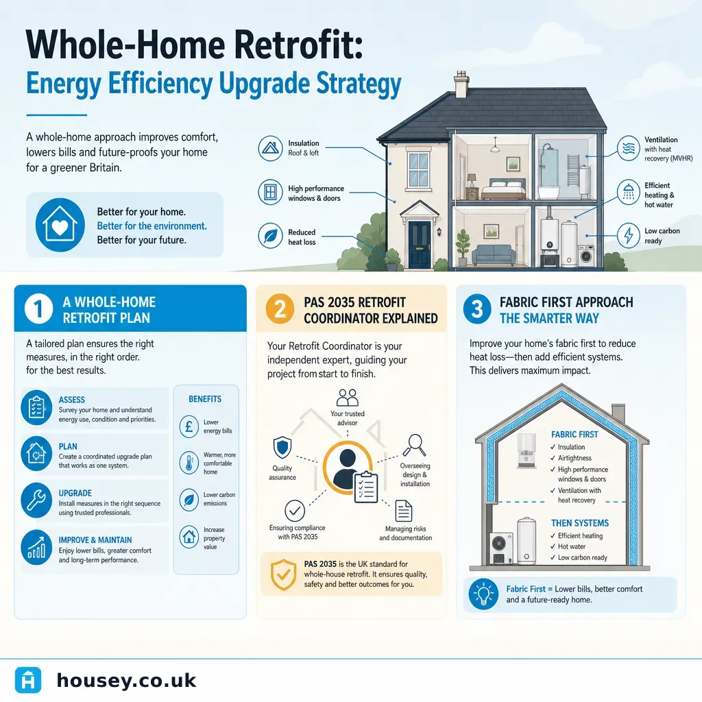 Infographic illustrating: Whole-Home Retrofit: Energy Efficiency Upgrade Strategy