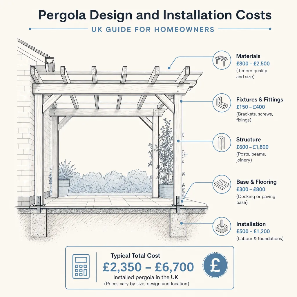 Diagram illustrating: Pergola Design and Installation Costs