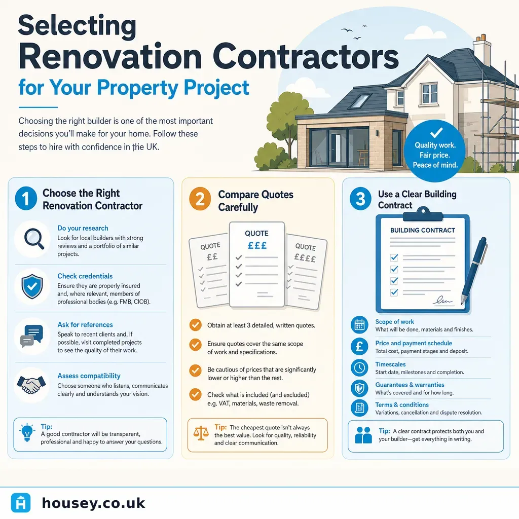 Infographic illustrating: Selecting Renovation Contractors for Your Property Project