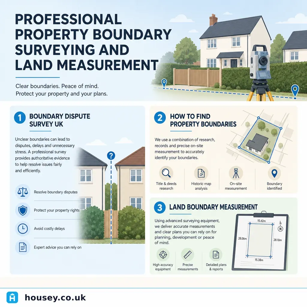 Infographic illustrating: Professional Property Boundary Surveying and Land Measurement