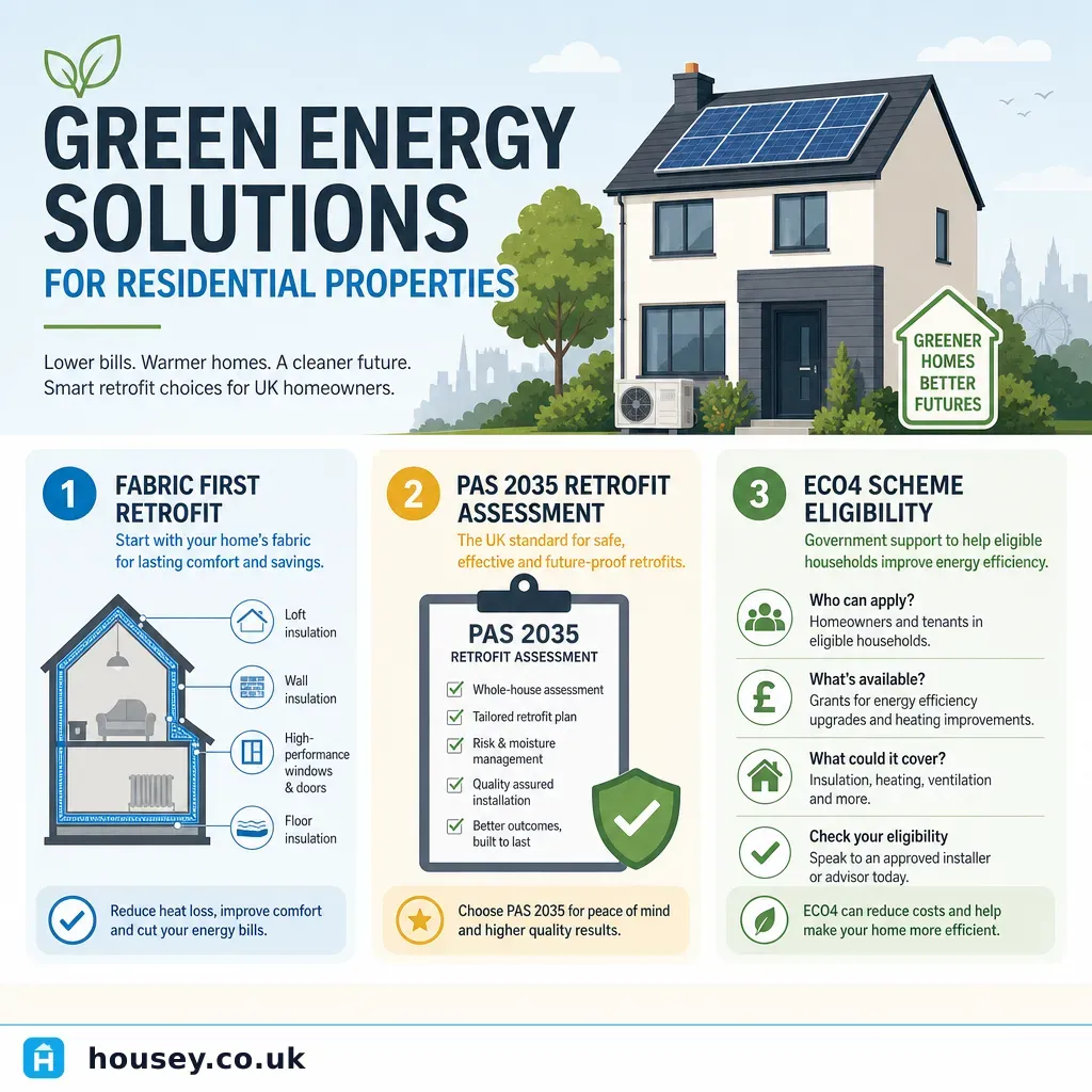 Infographic illustrating: Green Energy Solutions for Residential Properties