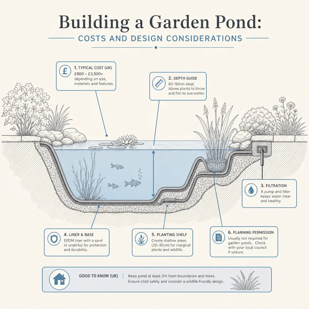 Diagram illustrating: Building a Garden Pond: Costs and Design Considerations