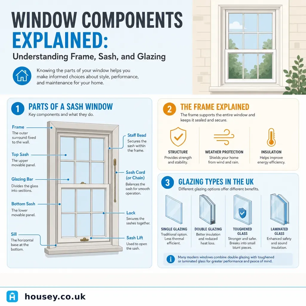 Infographic illustrating: Window Components Explained: Understanding Frame, Sash, and Glazing