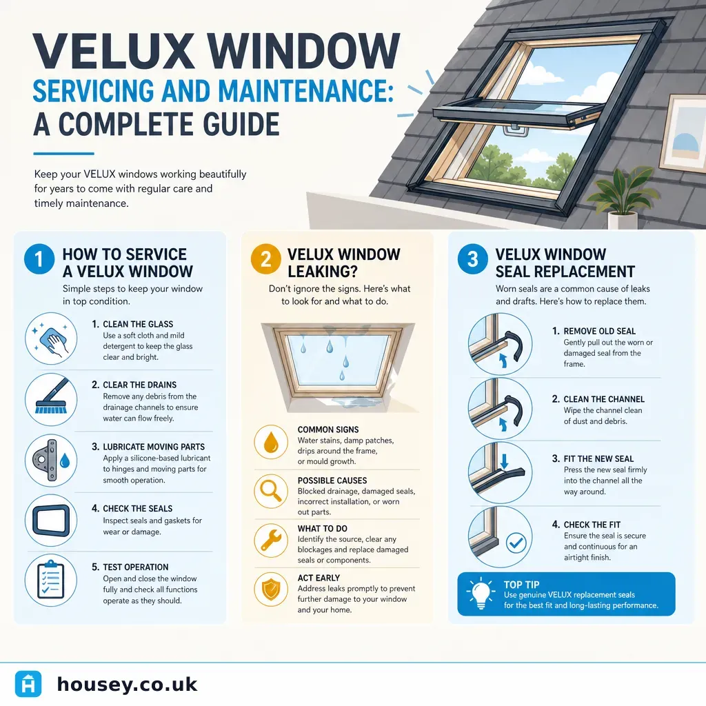 Infographic illustrating: Velux Window Servicing and Maintenance: A Complete Guide