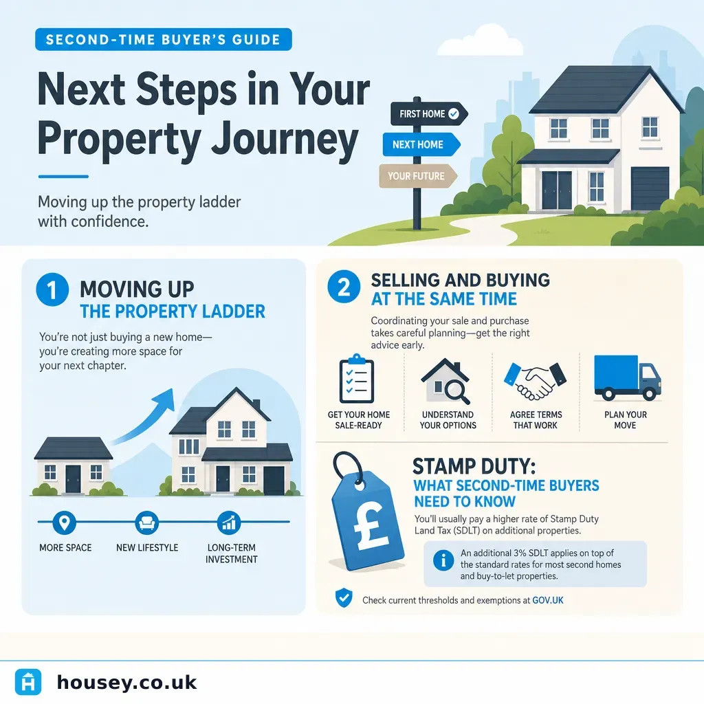 Infographic illustrating: Second-Time Buyer's Guide: Next Steps in Your Property Journey
