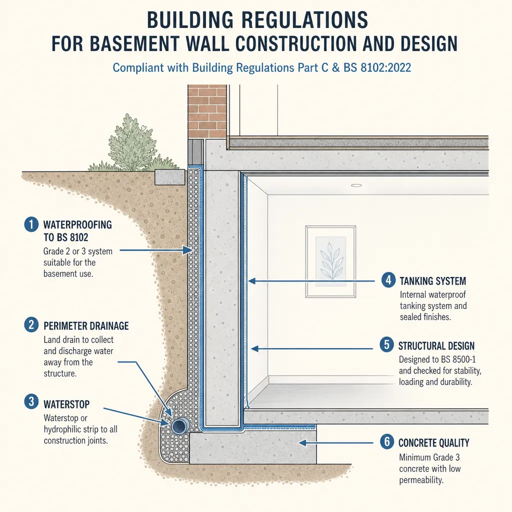 Diagram illustrating: Building Regulations for Basement Wall Construction and Design