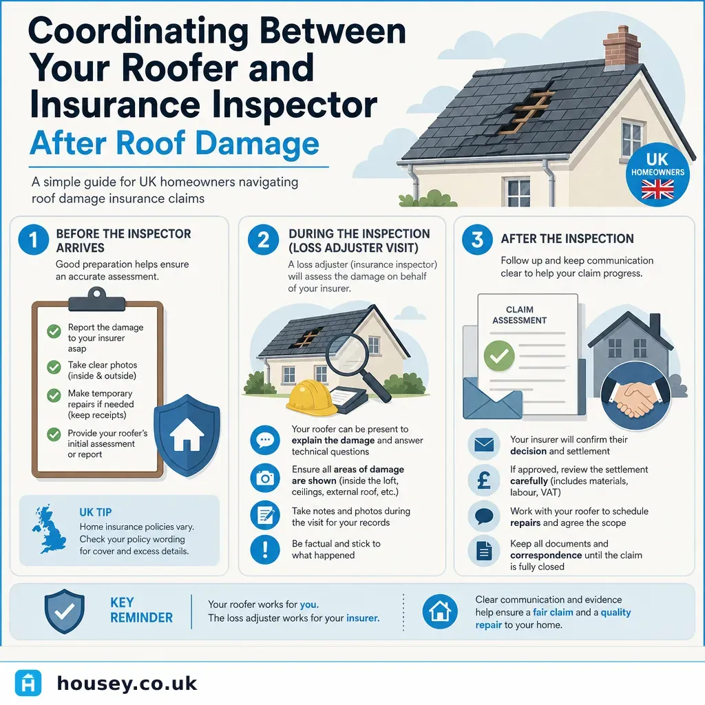 Infographic illustrating: Coordinating Between Your Roofer and Insurance Inspector After Roof Damage