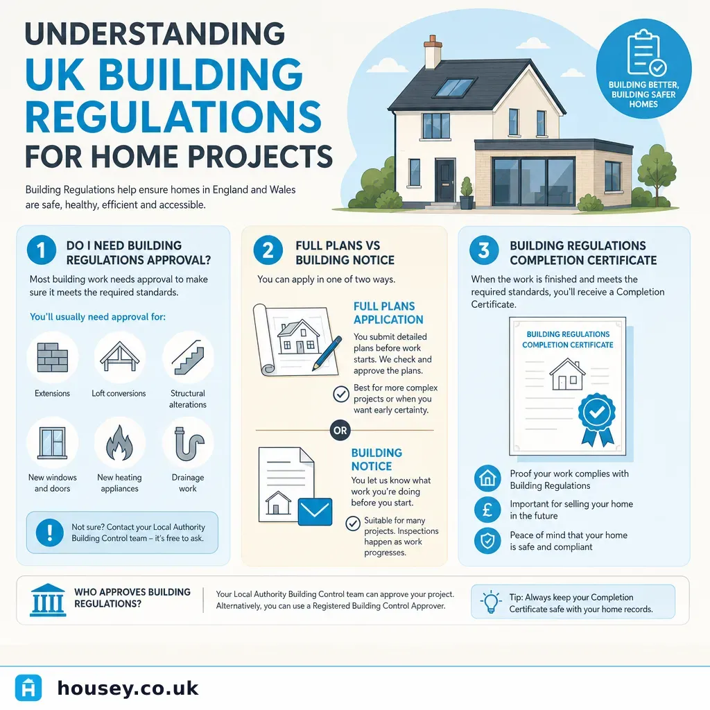 Infographic illustrating: Understanding UK Building Regulations for Home Projects