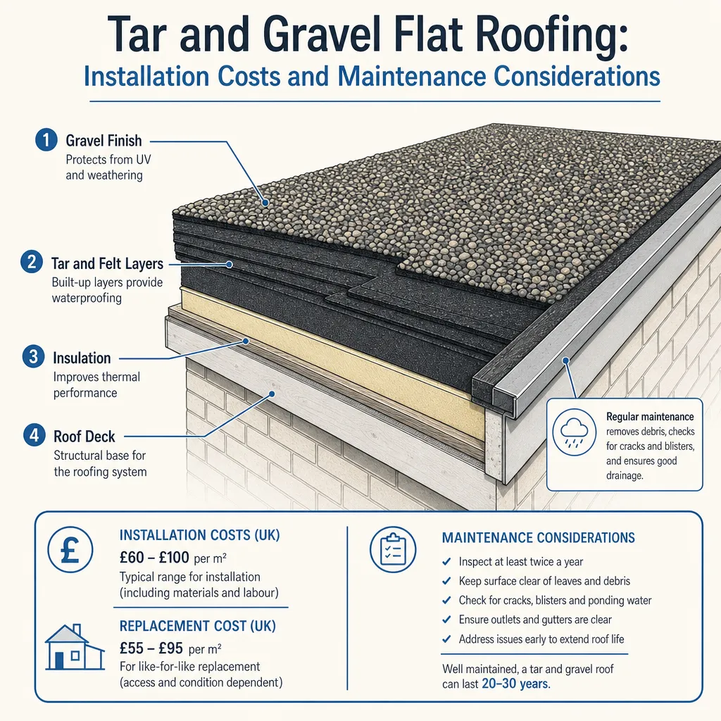 Diagram illustrating: Tar and Gravel Flat Roofing: Installation Costs and Maintenance Considerations