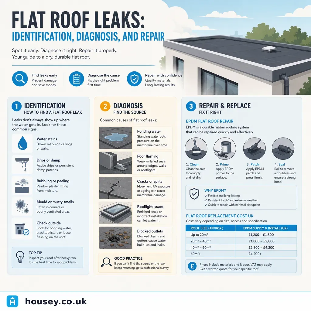 Infographic illustrating: Flat Roof Leaks: Identification, Diagnosis, and Repair