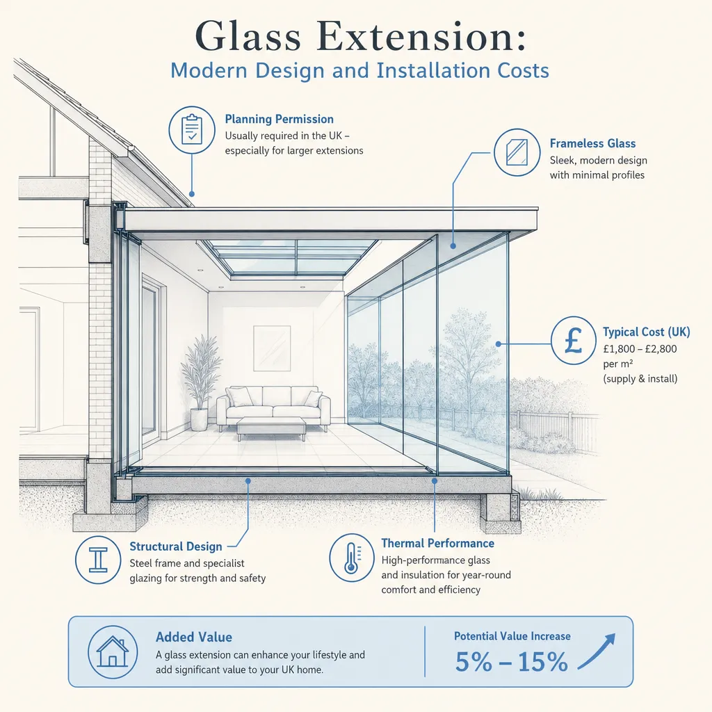 Diagram illustrating: Glass Extension: Modern Design and Installation Costs
