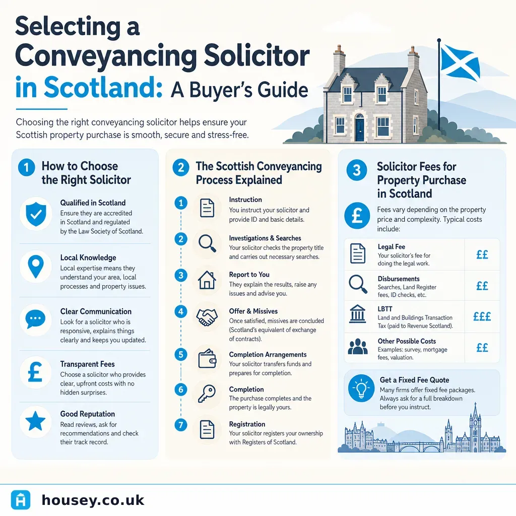 Infographic illustrating: Selecting a Conveyancing Solicitor in Scotland: A Buyer's Guide