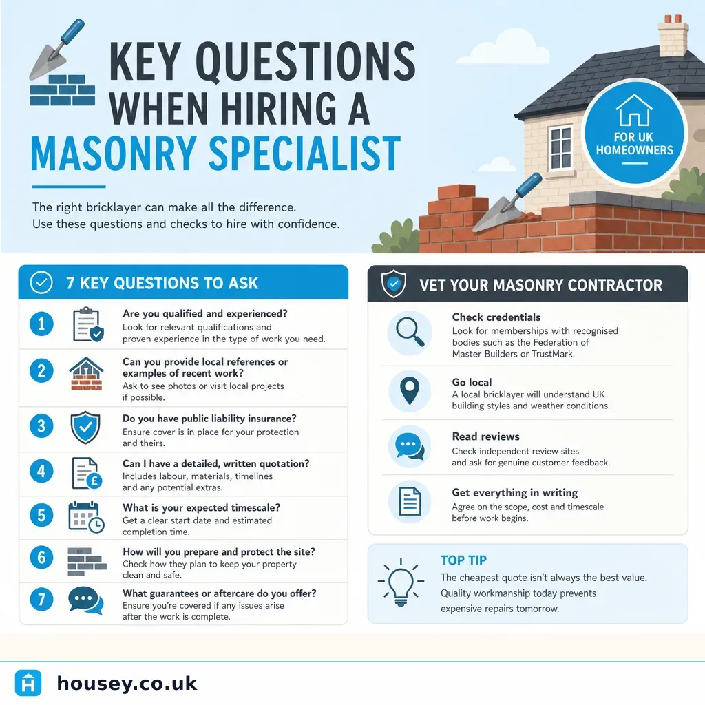 Infographic illustrating: Key Questions When Hiring a Masonry Specialist