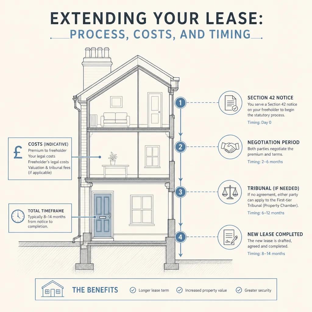 Diagram illustrating: Extending Your Lease: Process, Costs, and Timing