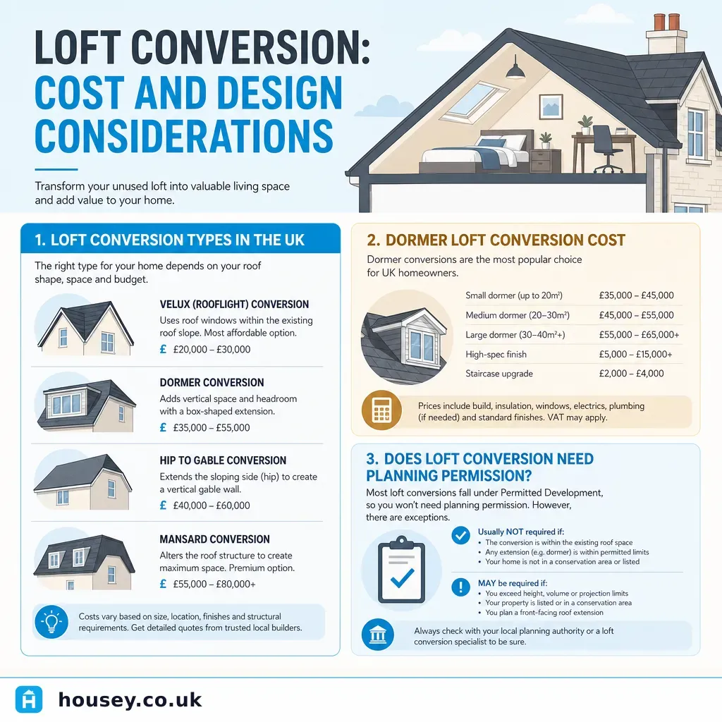 Infographic illustrating: Loft Conversion: Cost and Design Considerations