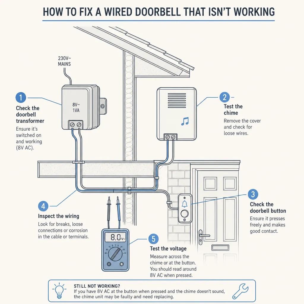 Diagram illustrating: How to fix a wired doorbell that isn't working
