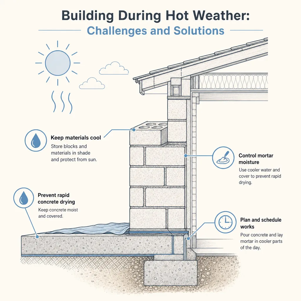Diagram illustrating: Building During Hot Weather: Challenges and Solutions