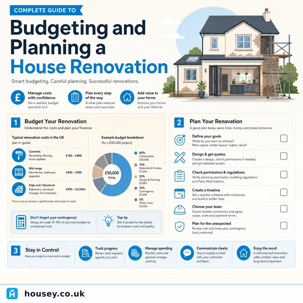 Infographic illustrating: Complete Guide to Budgeting and Planning a House Renovation