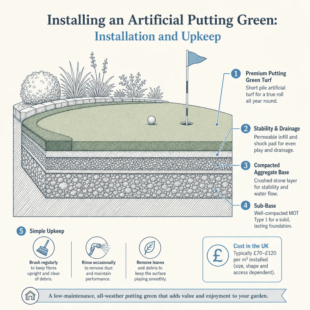 Diagram illustrating: Installing an Artificial Putting Green: Installation and Upkeep