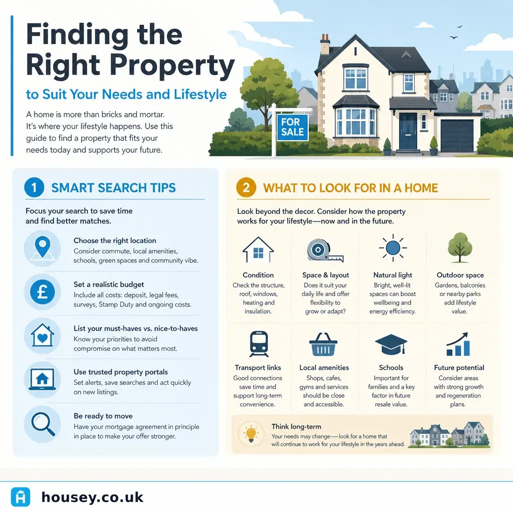 Infographic illustrating: Finding the Right Property to Suit Your Needs and Lifestyle