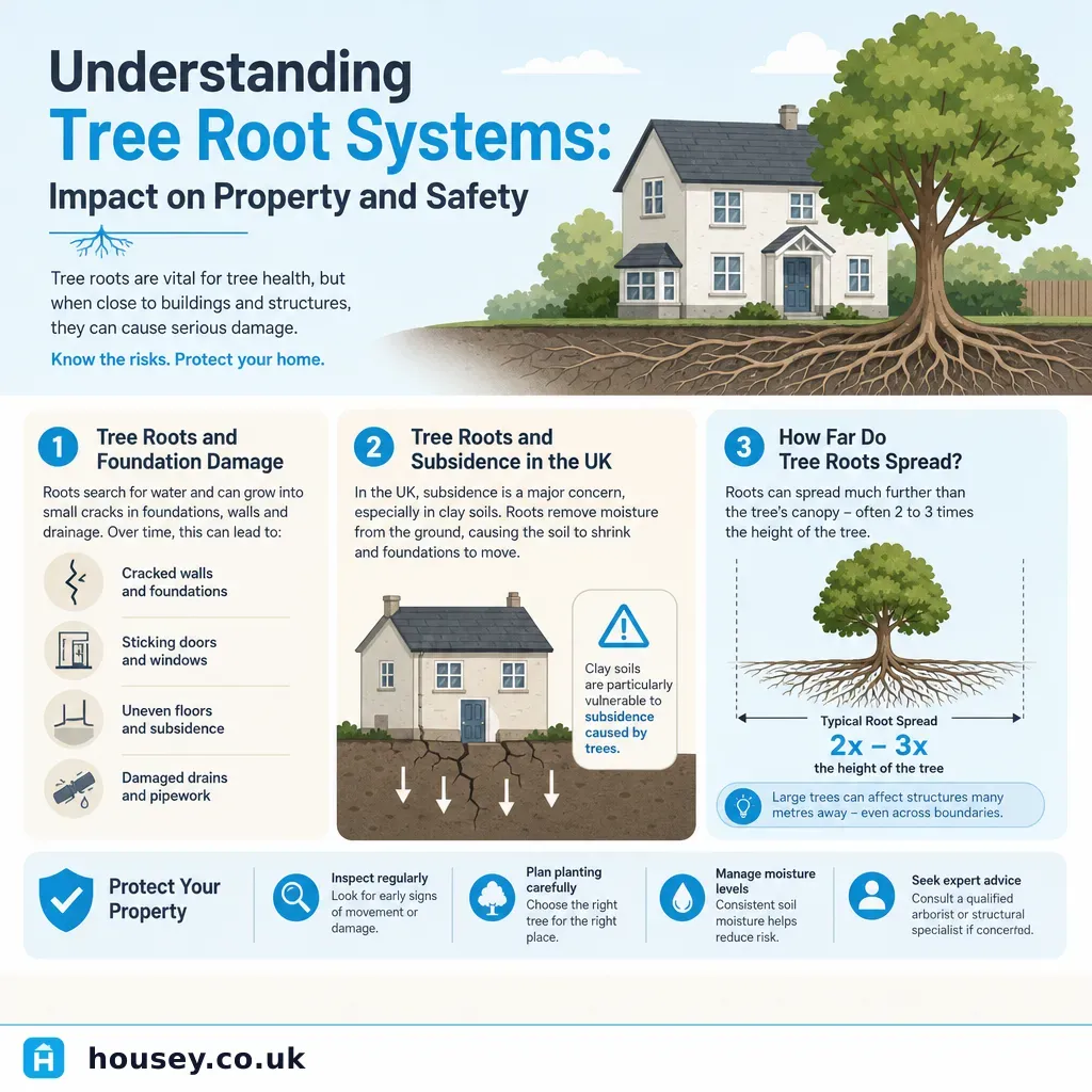 Infographic illustrating: Understanding Tree Root Systems: Impact on Property and Safety