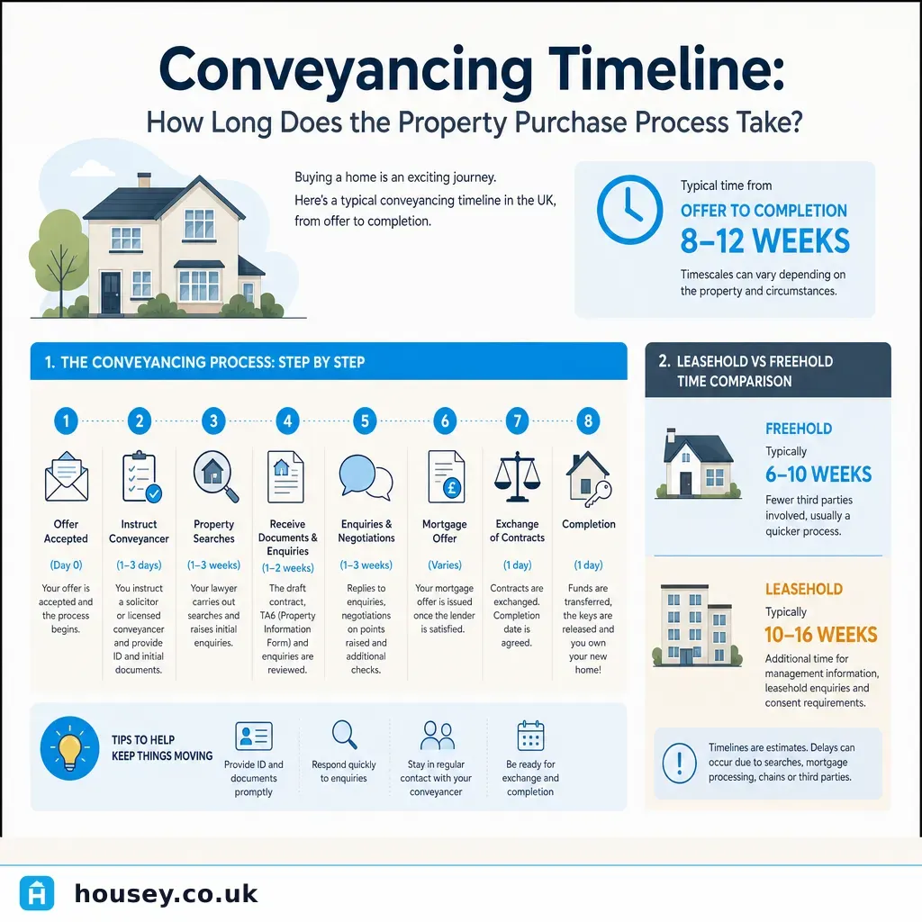 Infographic illustrating: Conveyancing Timeline: How Long Does the Property Purchase Process Take?