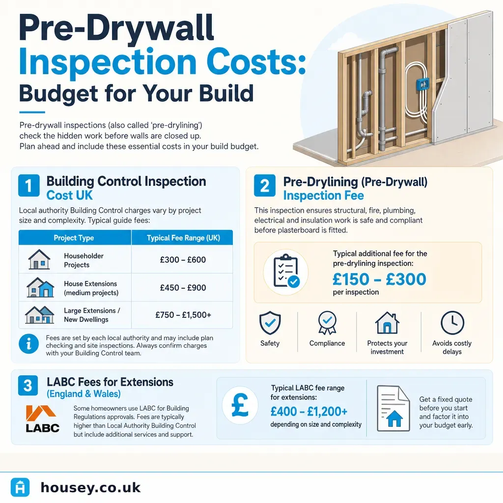 Infographic illustrating: Pre-Drywall Inspection Costs: Budget for Your Build